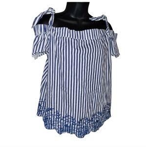 Dizzy Lizzy top, blue & white stripe, off shoulder with ties, floral hem